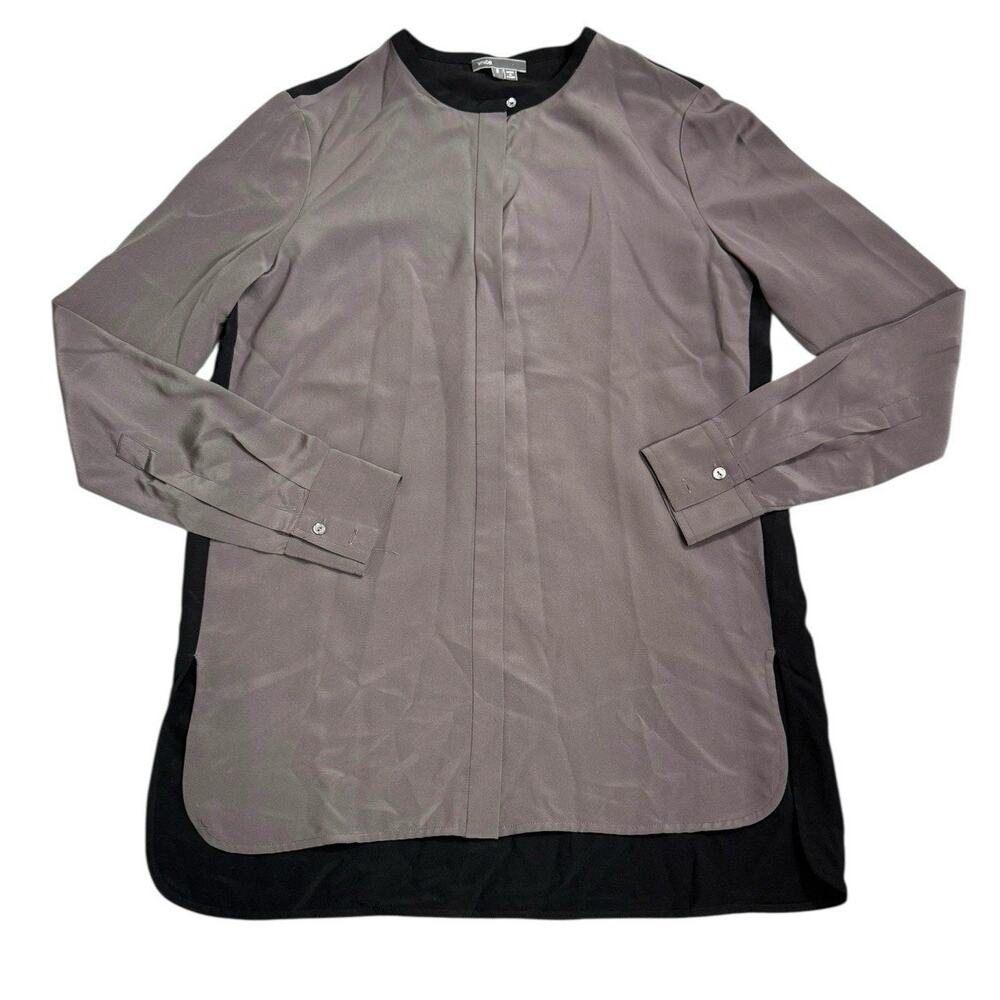 Vince Silk Blouse Womens 8 Gray Black Colorblock Button Up Hidden Placket Shirt